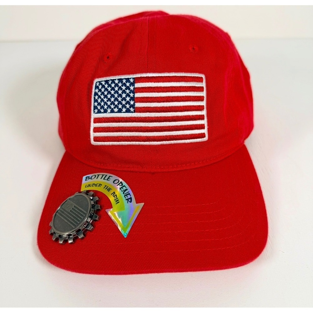 Red USA American Flag Baseball Cap Hat Bottle Opener Adjustable Back Strap